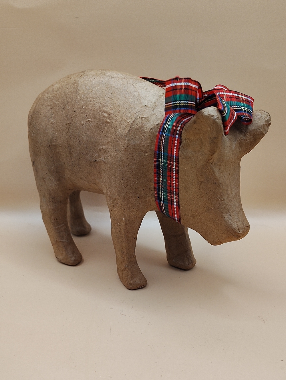 Vintage Neutral Paper Mache Farm Animal Statue with Red Plaid Ribbon